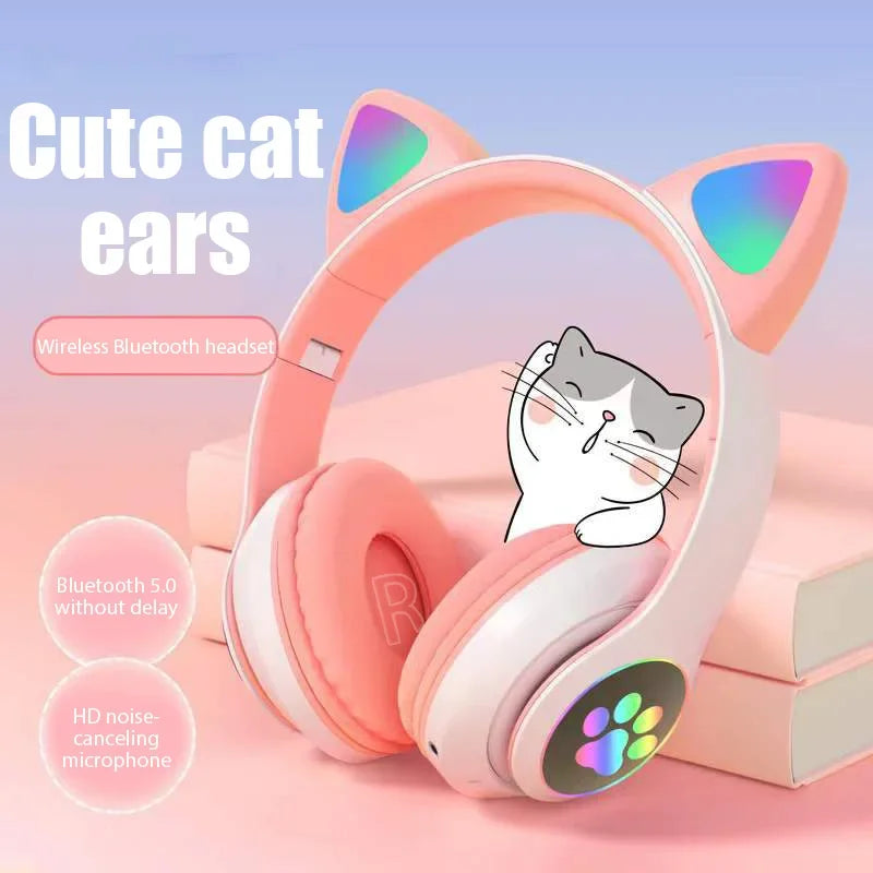 P47M Wireless Cat Ear Bluetooth Headphones – LED Light & Mic