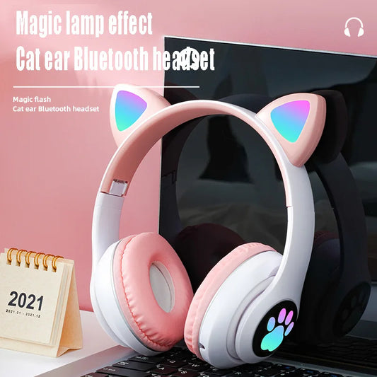 P47M Wireless Cat Ear Bluetooth Headphones – LED Light & Mic