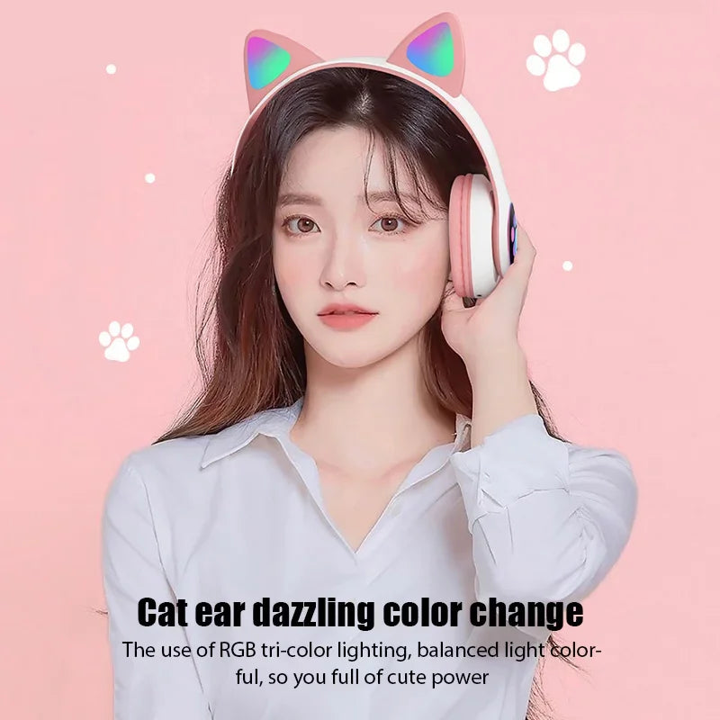 P47M Wireless Cat Ear Bluetooth Headphones – LED Light & Mic